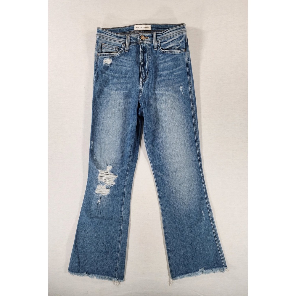 Flying‎ Monkey Jeans Womens 25 High Rise Flare Blue Distressed Raw Hem Stretch
